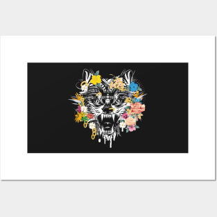 Wolf's head with flowers Posters and Art